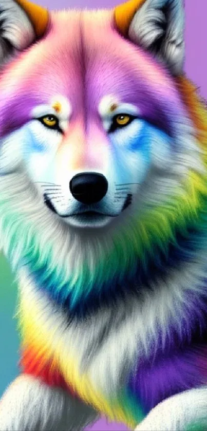 A vivid rainbow wolf design on a purple background.