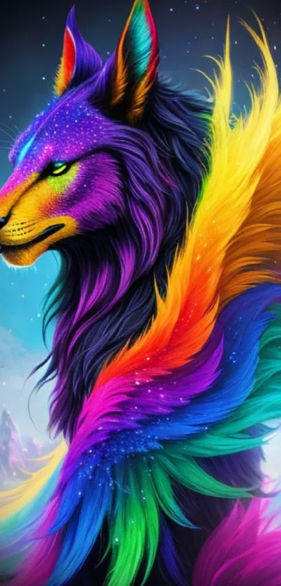 Vibrant rainbow wolf with colorful fur and galaxy stars background.
