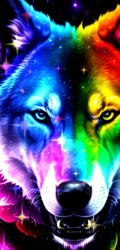 Vibrant rainbow wolf face with cosmic background.