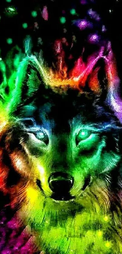 Vivid rainbow wolf with glowing eyes, surrounded by colorful flames.