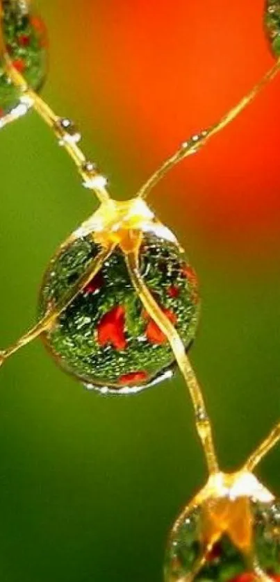 Vibrant raindrop close-up with orange and green hues in abstract design.