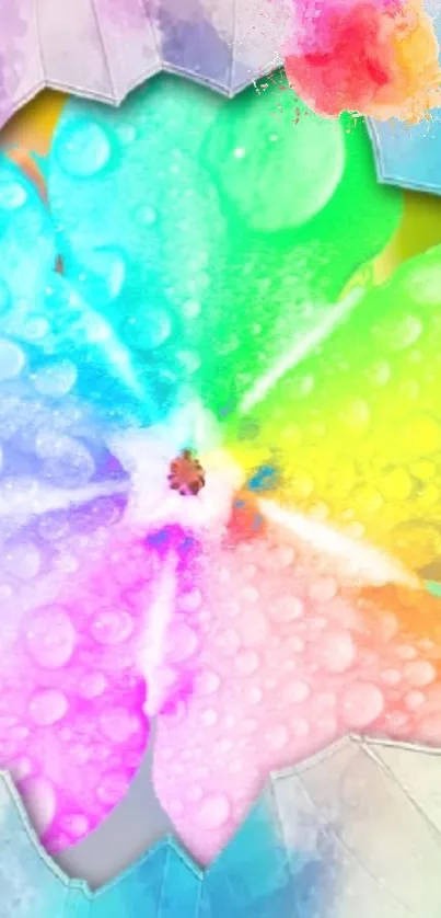 Colorful flower with raindrops and rainbow hues.