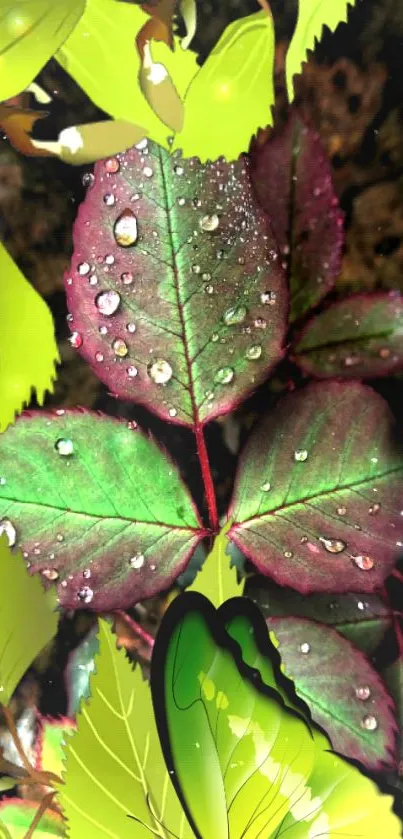 Fresh green and red leaves with raindrops on a vibrant background.