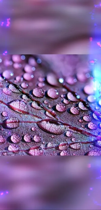 Close-up of raindrops on a vibrant leaf with purple and blue tones.