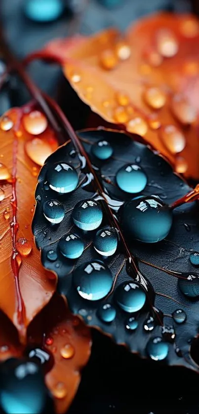 Colorful autumn leaves with raindrops on a dark background.