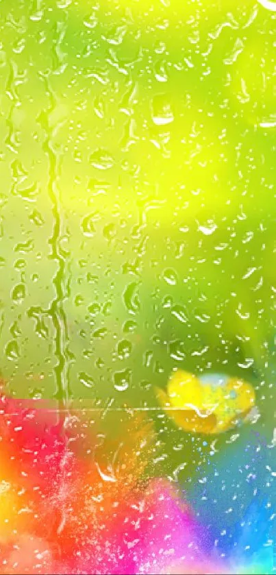 Vibrant wallpaper with raindrops on a colorful background of green and yellow.