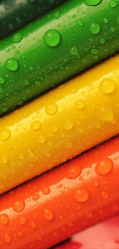 Colorful wallpaper with raindrops in green, yellow, and orange hues.