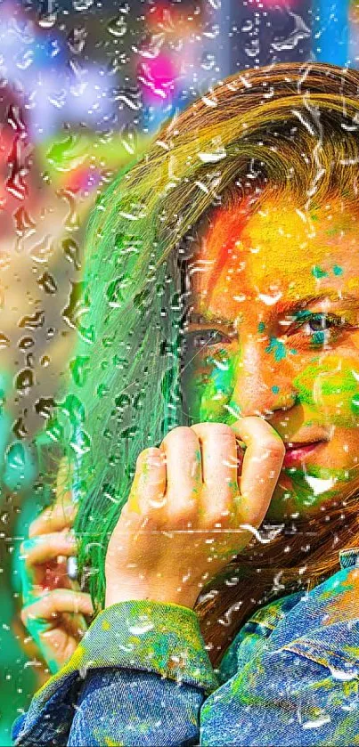 Colorful portrait with raindrop effects on a vibrant mobile wallpaper.