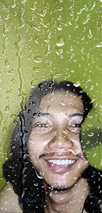 Smiling portrait with raindrops on a lime background wallpaper.