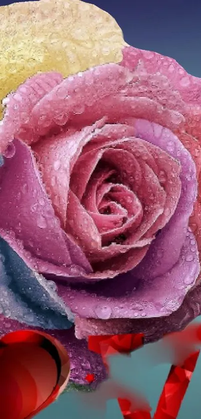 Pink rose with raindrops and vibrant colors.