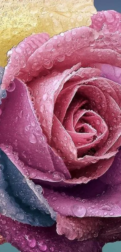 Colorful rose with dewdrops in vibrant hues.