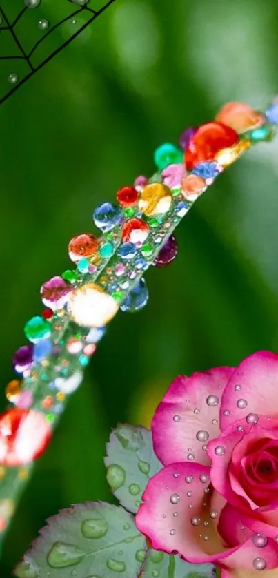 Mobile wallpaper of colorful raindrops and a pink rose on a green background.