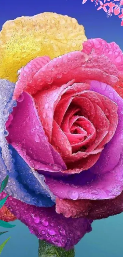 Vibrant pink and multicolored rose with raindrops on petals.