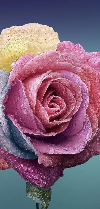 Close-up of multicolored rose with dewdrops on petals.