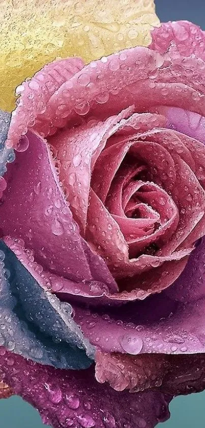 Close-up of a multicolored rose with raindrops, highlighting pink petals.