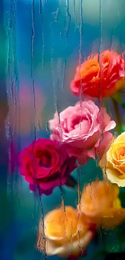 Vibrant roses with raindrops on a blue background.
