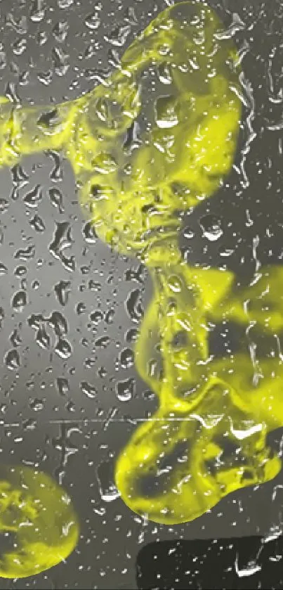 Vibrant yellow liquid on glass with raindrops pattern for mobile wallpaper.