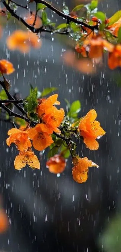 Orange blossoms in rain creating vibrant nature scene.