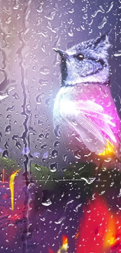 Bird with raindrops and vibrant colors on mobile wallpaper.