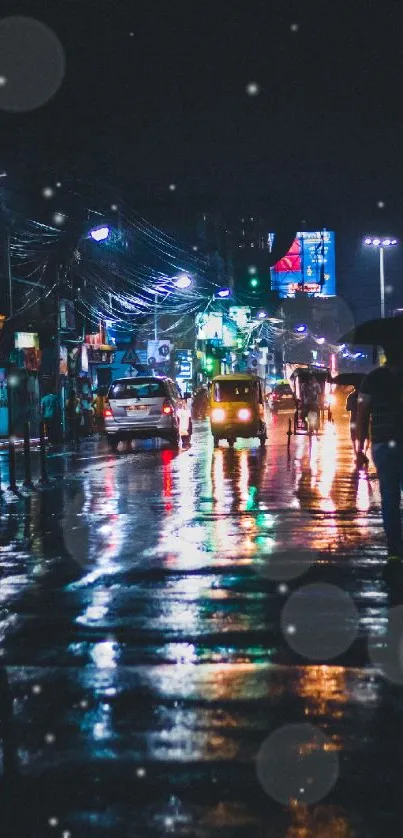 Rainy city street at night with vibrant reflections from neon lights.