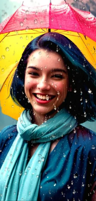 Smiling girl with colorful umbrella in rain.