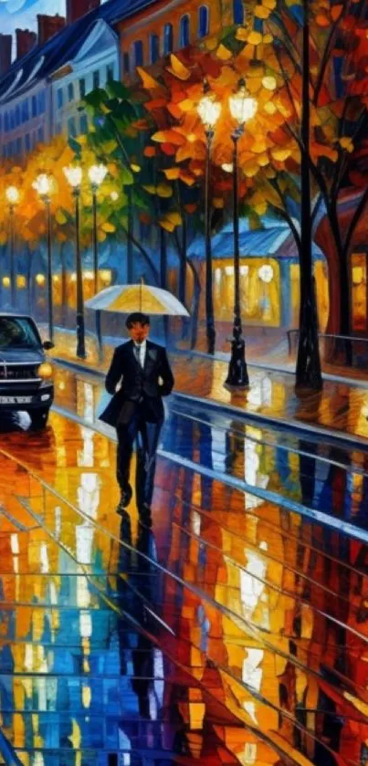 Artistic cityscape with vibrant reflections on a rainy night.
