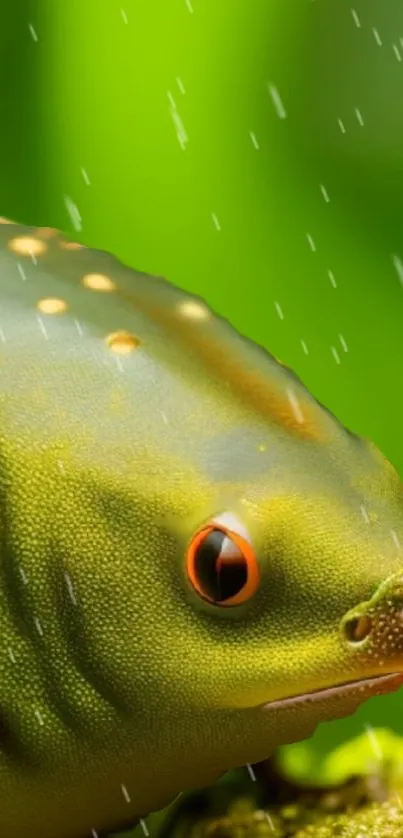 Close-up of a green frog with raindrops on a vibrant background.