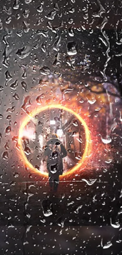 Rainy night wallpaper with fiery circle and raindrop effects.