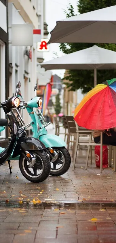 Vibrant street scene with scooters and colorful umbrellas on a rainy day.