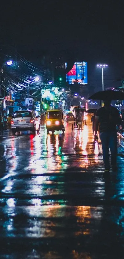 Rainy street at night with vibrant reflections and lights.