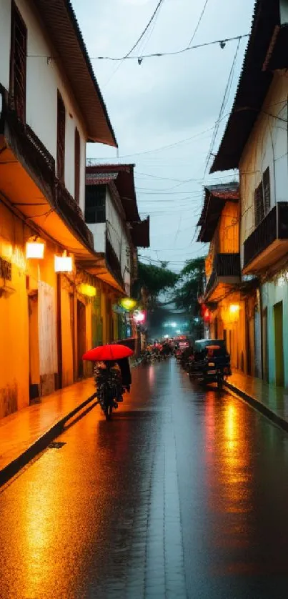 Rainy street with vibrant lights reflecting. Urban night scene.