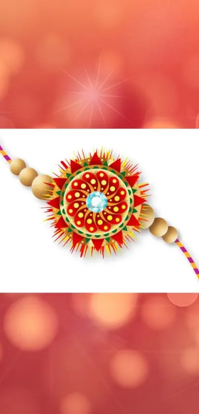 Vibrant Raksha Bandhan rakhi with red bokeh background.