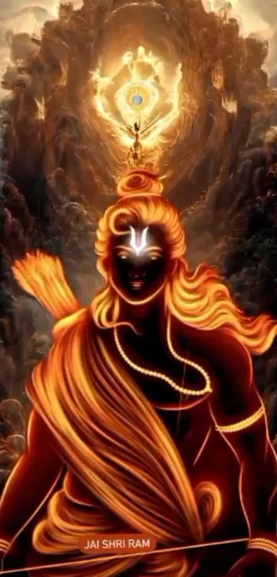 Illustration of Lord Ram with vibrant orange and golden hues.