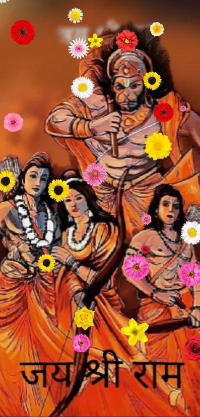 Ramayana characters on vibrant orange backdrop with flowers.