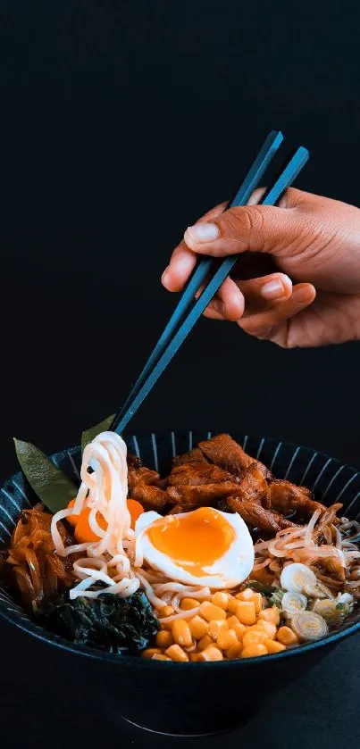 Ramen bowl with chopsticks in vivid colors.