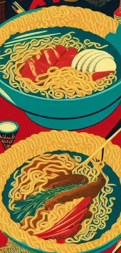 Vibrant illustrated ramen bowls in red and blue with striking design elements.