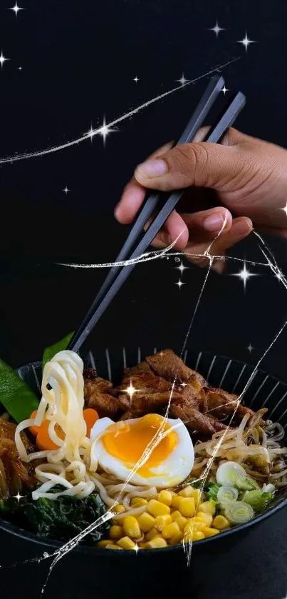 A bowl of ramen with chopsticks held above, featuring egg and vegetables.