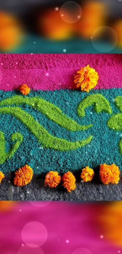 Vibrant Rangoli design with flowers and colorful patterns.