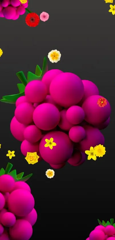 3D raspberry art wallpaper with vibrant magenta berries on dark background.