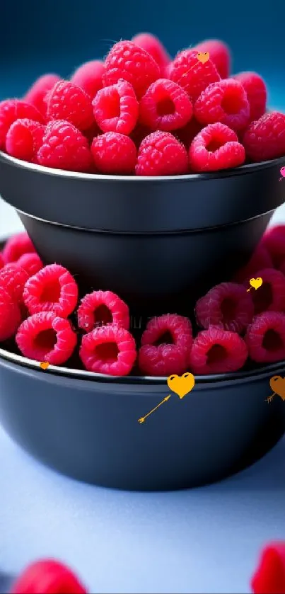 Bowl of vibrant red raspberries on blue background.