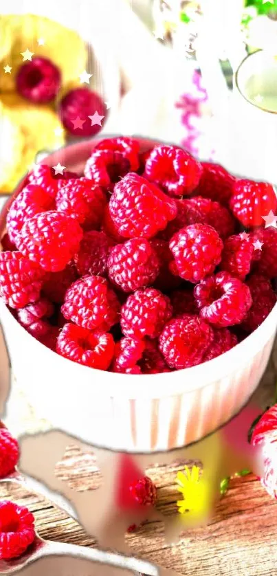 Vibrant display of fresh raspberries in a bowl with natural elements.