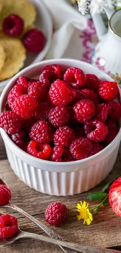 Fresh red raspberries in a white bowl on rustic wooden table.