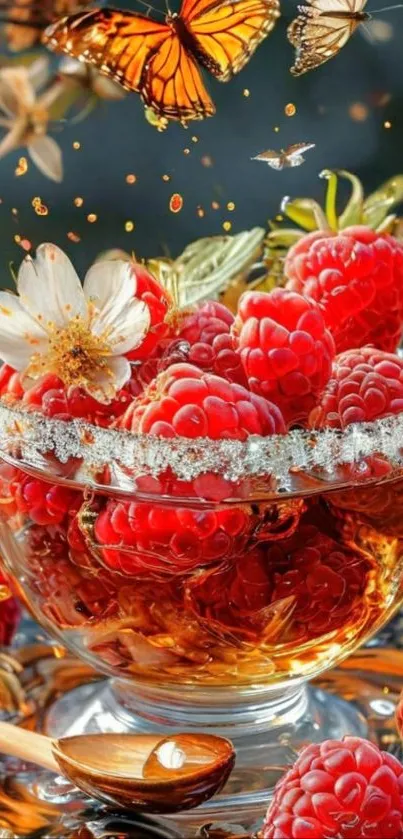 Bowl of raspberries with honey and butterflies.