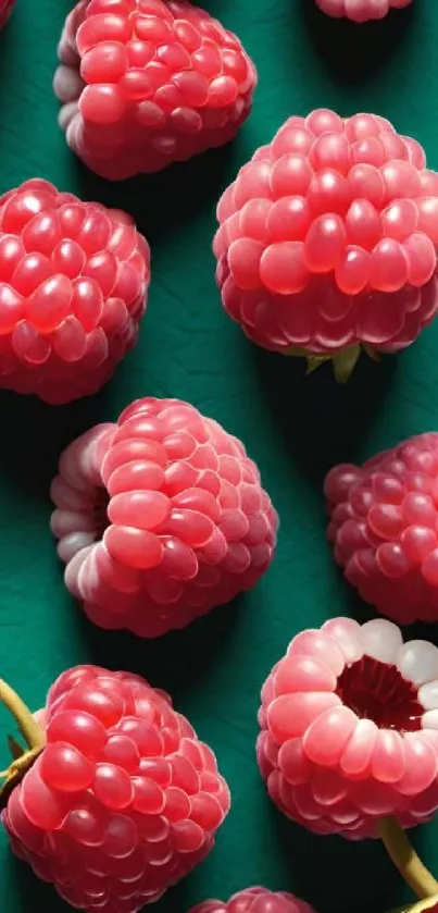 Ripe raspberries scattered on a green background.