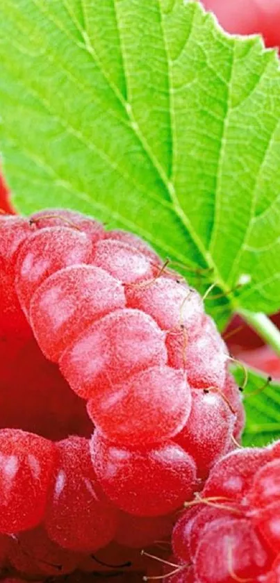 Close-up of a vibrant raspberry with a green leaf background.