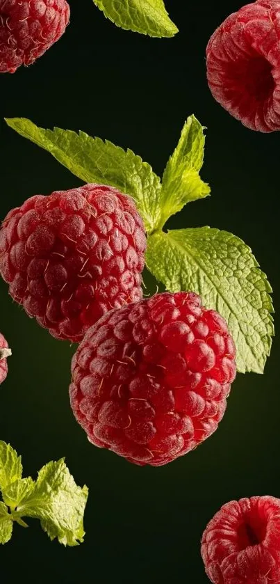 Vibrant red raspberries with green leaves on dark green background.