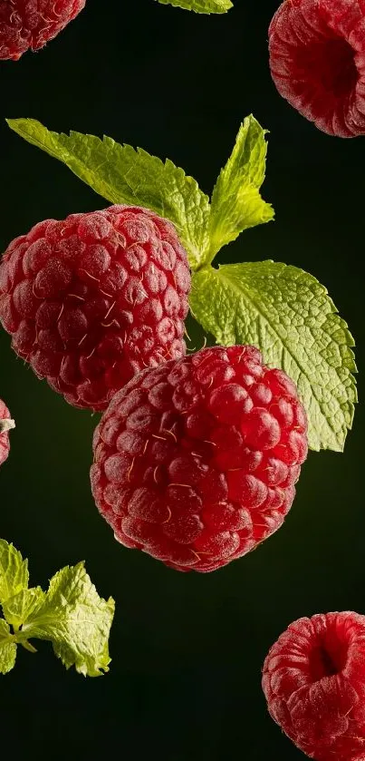 Raspberries and mint leaves on dark green wallpaper.