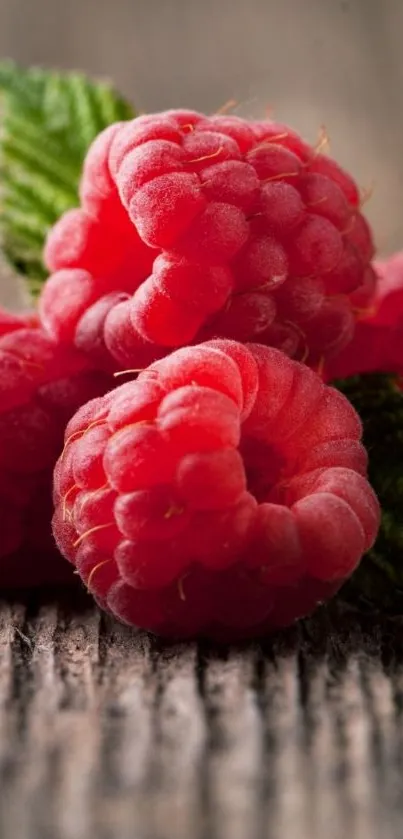 Close-up of vibrant raspberries with rustic wood background.