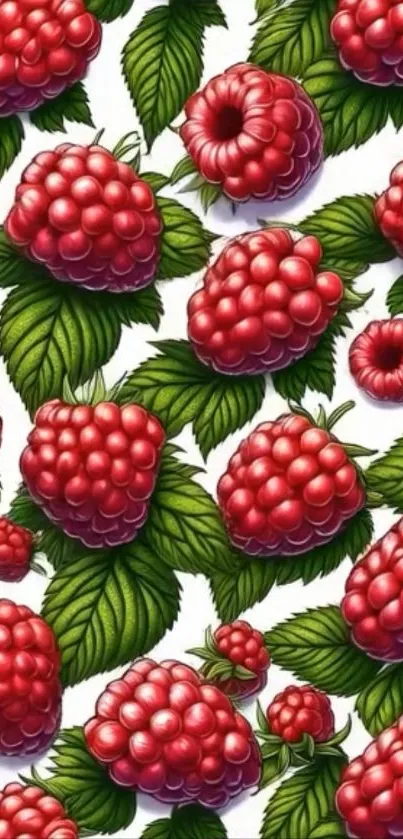 Vibrant raspberry pattern wallpaper with green leaves.
