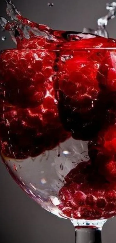 Vibrant red raspberries splashing in a clear glass with a dark background.